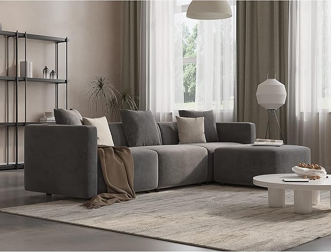 Acanva Luxury L-Shaped Upholstery Convertible Modular Sectional Sofa, Contemporary Reversible Couch with Chaise Lounge for Living Room, Apartment, 4 Piece Set, Grey