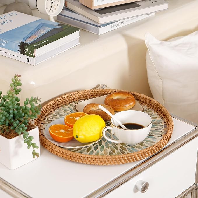 Round Rattan Tray with Mother of Pearl Inlay & Wooden Base - Decorative Wicker Serving Tray for Coffee/Bread/Fruits Display - Multipurpose Home Decor (L,Colorful Leaves)