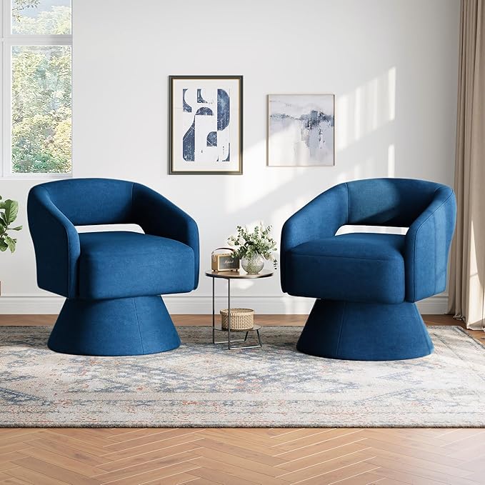 LINSY Swivel Barrel Chair, 360 Modern Swivel Accent Chair Boucle Swivel Chair Round Blue Velvet Chairs with Arms, Small Barrel Chair for Small Spaces Bedroom Living Room