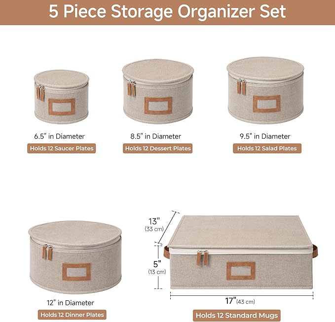 StorageWorks China Storage Containers, Hard Shell Storage Boxes for Plates, Mugs, Stemware Storage Cases, Holds up to 12 Place Settings, Foldable and Stackable Organizers, 5 Pack, Brown and Beige