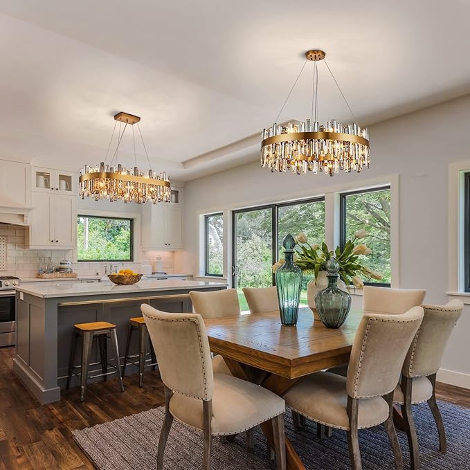 Siljoy Modern Crystal Chandelier 20 Lights Large Brushed Brass Gold Round Raindrop Chandelier Luxury 2-Tier K9 Crystal Pendant Ceiling Light for Dining Living Room Kitchen Foyer D39.4''