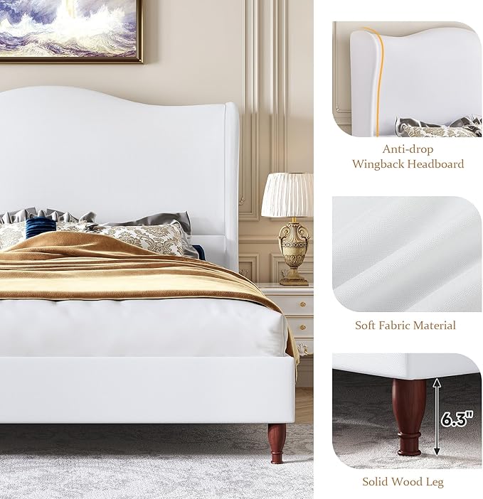 King Size Bed Frame with 51" Tall Headboard, High Upholstered Platform soft Fabric, Classic Curved Wingback & Wood Retro Legs, No Box Spring Needed/Easy Assembly, White