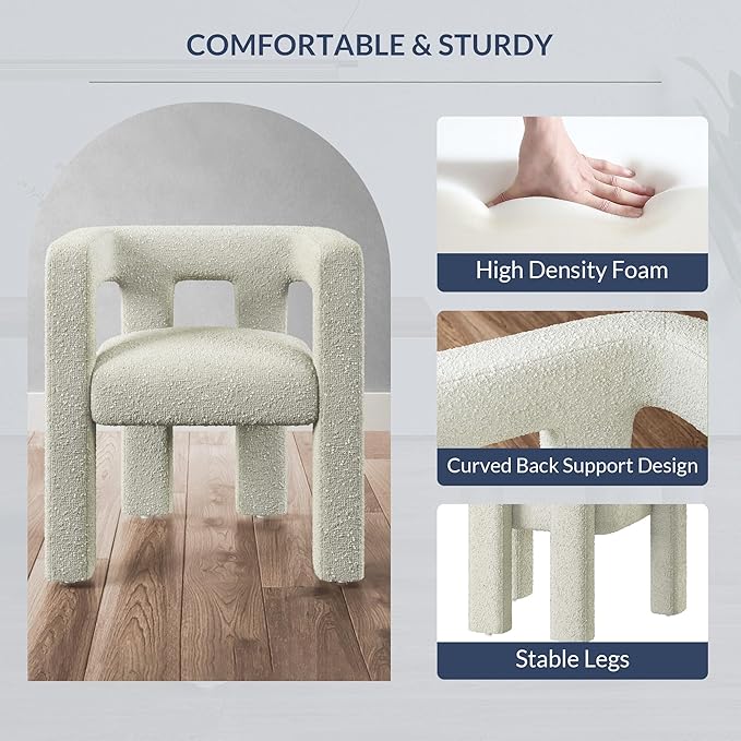 BELLEZE Modern Boucle Barrel Dining Chair Set of 4, Upholstered Linen Kitchen Boucle Armchair with Sidearms and Back, for Dining Room Living Room- Cream