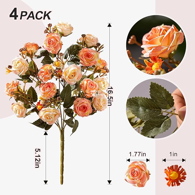 Artificial Flowers for Outdoor 4 Bundles Rose Bouquet with Daisy Faux Flowers UV Resistant for Home Indoor Outside Garden Porch Window Box Balcony Yard Porch Decor (Orange)