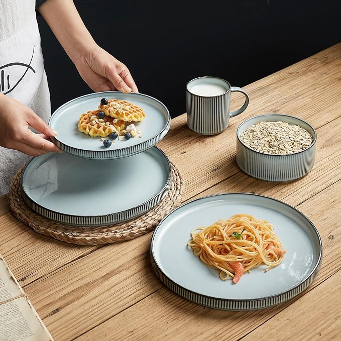 Famiware Star Salad Plates for 6, 8 inches Plate Set, Stoneware Dinnerware, Small Dinner Plates for Dessert, Salad, Appetizer, Smoky Blue