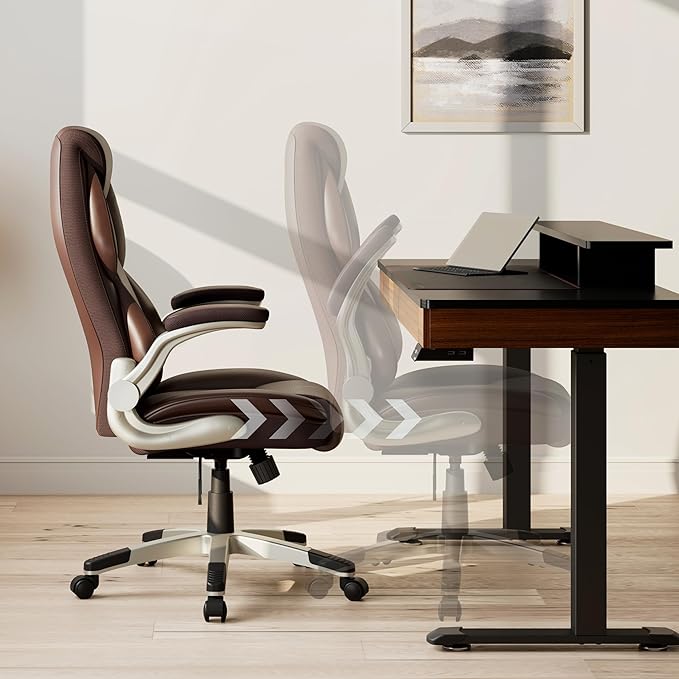 EUREKA ERGONOMIC Galene Executive Office Chair Flip Up Arm Rest, Ergonomic Desk Chair Faux Leather Computer Chair, High Back Office Chair with Headrest, Home Desk Chairs with Wheels, Brown