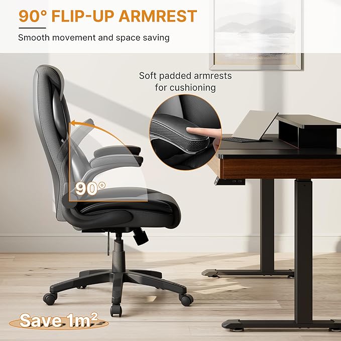 EUREKA ERGONOMIC PU Leather Desk Chair Office Executive Chair, Ergonomic Office Chair Flip Up Arms, High Back Office Chair with Headrest, Home Office Chair with Wheels, Computer Chairs for Adults