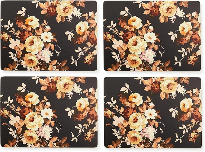 MACKENZIE-CHILDS Set of 4 Cork-Back Placemats, Hard-Finish Table Mats, Mocha Wild Rose