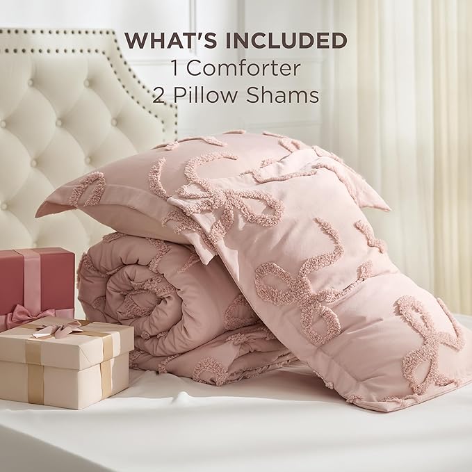 Bedsure King Size Comforter Set - Rose Pink Tufted Boho Bed Set, Farmhouse Shabby Chic Embroidery Bedding for All Seasons, 3 Pieces, 1 Soft Jacquard King Comforter and 2 Pillow Shams