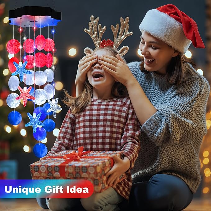 Solar Shell Gift for Mom Grandma Girls, Christmas Red White Blue Solar Wind Chimes for Outside, Christmas Decorative Mobile Lights for Garden, Yard, Patio, Window, Party, Outdoor Decorations