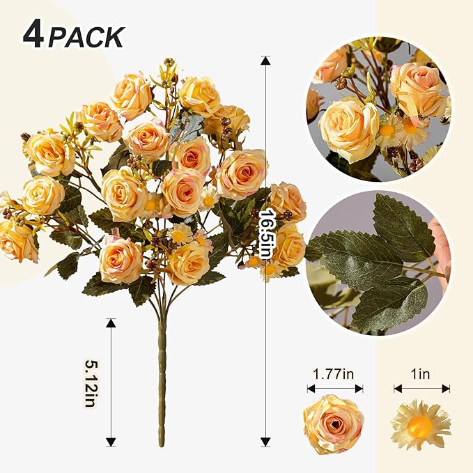 Artificial Flowers for Outdoor 4 Bundles Rose Bouquet with Daisy Faux Flowers UV Resistant for Home Indoor Outside Garden Porch Window Box Balcony Yard Porch Decor (Yellow)