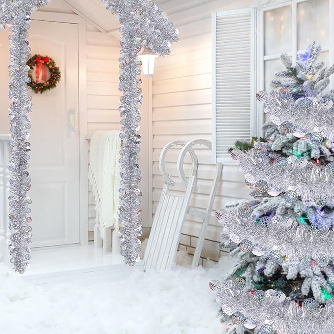 LOAVER 33 FT Christmas Silver Disco Ball Tinsel Garland,Metallic Tinsel Twist Garland Shiny Hanging Decoration for Christmas Tree Disco Party Home Supplies Staircase Railing Indoor Outdoor Decor