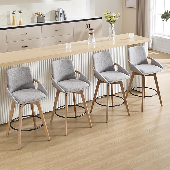 Mid-Century Swivel Bar Stools Set of 4, 26.5 inch Counter Height Barstools Linen Fabric Bar Chairs with Wooden Frame for Kitchen Island Dining Room, Grey