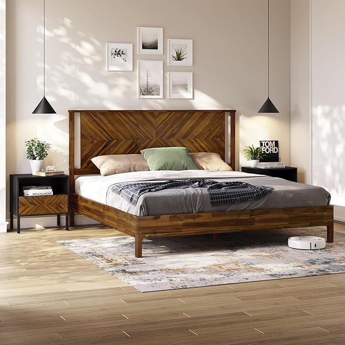 Bme Vivian Side Tables Bedroom, Solid Wood Bed Side Table, Mid Century Modern End Table with Drawer, Herringbone Pattern, Compact for Bedroom & Living Room, Easy Assembly, Chestnut