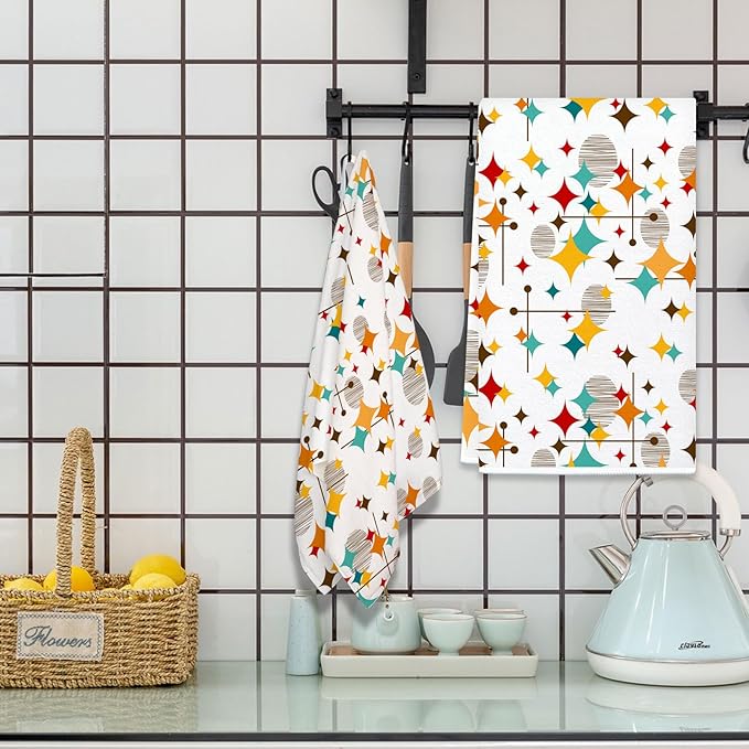 Mid Century Modern Kitchen Towels Set of 2 Diamond Absorbent Dish Towels 24x16