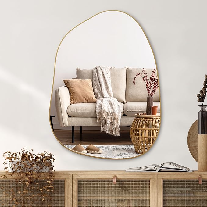 PERFNIQUE Irregular Asymmetrical Wall Mirror Decorative Modern Wall Mounted 32"x24", Gold