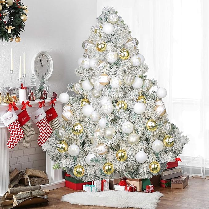 40PCS 2.36" Christmas Balls Ornaments, Plastic Christmas Tree Ornaments, Holiday Baubles, Hanging Decorations for Xmas Trees Holiday Party, Gold White Baubles