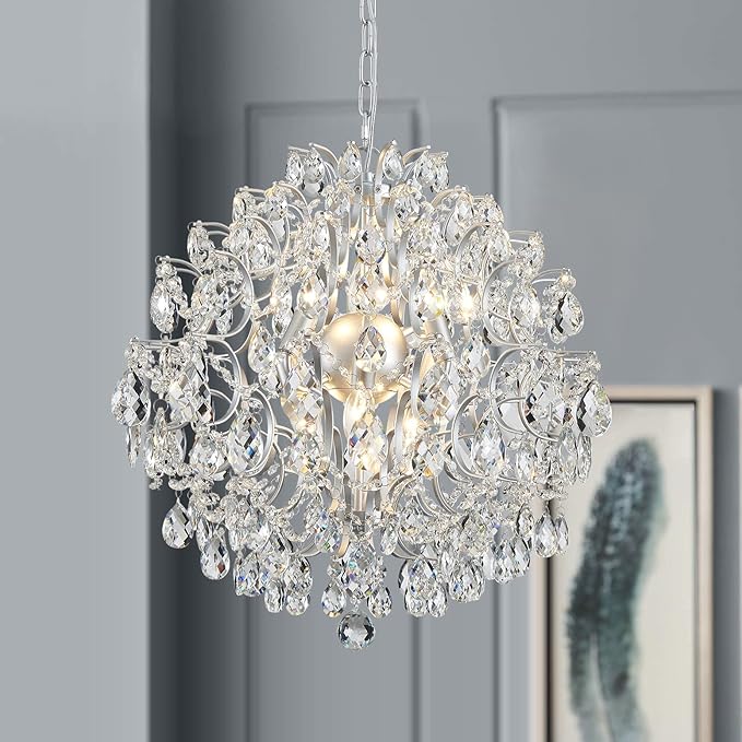 Bestier Silver Modern Pendant Chandelier Crystal Raindrop Lighting Ceiling Light Fixture Lamp for Dining Room Bathroom Bedroom Livingroom 6 E12 Bulbs Required D19 in x H21 in