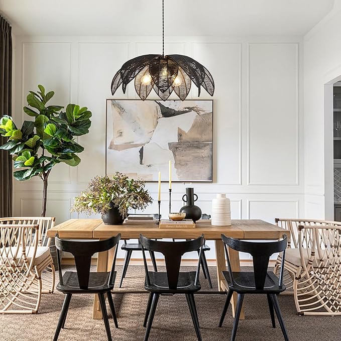 24” Black Boho Large Rattan Chandelier Light Fixture,3-Light Hand Woven Flower Chandelier Farmhouse Wicker Pendant Light for Kitchen,Living Room,Dining Room,Foyer, Bedroom