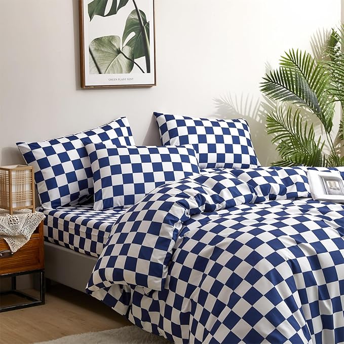 CLOTHKNOW Plaid Twin/Twin XL Comforter Sets Blue White Bedding Comforter Sets Royal Blue White Bed Comforter Blue Bedding Sets Soft