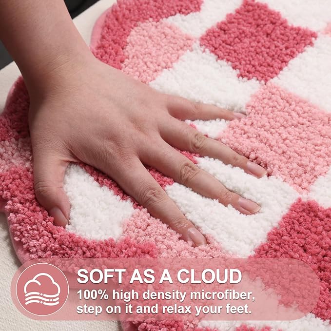 ORTIGIA Cute Pink Checkered Scalloped Bath Mat, Fun Plush Microfiber Bathroom Rugs Non Slip Washable Quick Dry Absorbent, Bath Rug for Shower Stall Vanities Kitchen Floor Entrance, 20x32