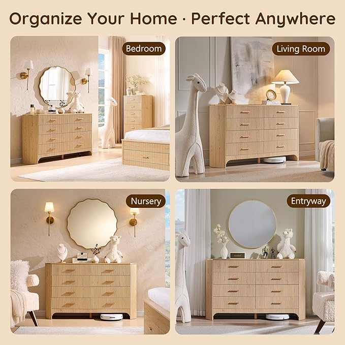 Fluted 8 Drawer Dresser for Bedroom with Curved Profile Design,53.9" W Wide Chest of Drawers with Reeded Front Panels,Wide Storage Cabinet with Smooth-Glide Drawers for Living Room,Natural Oak