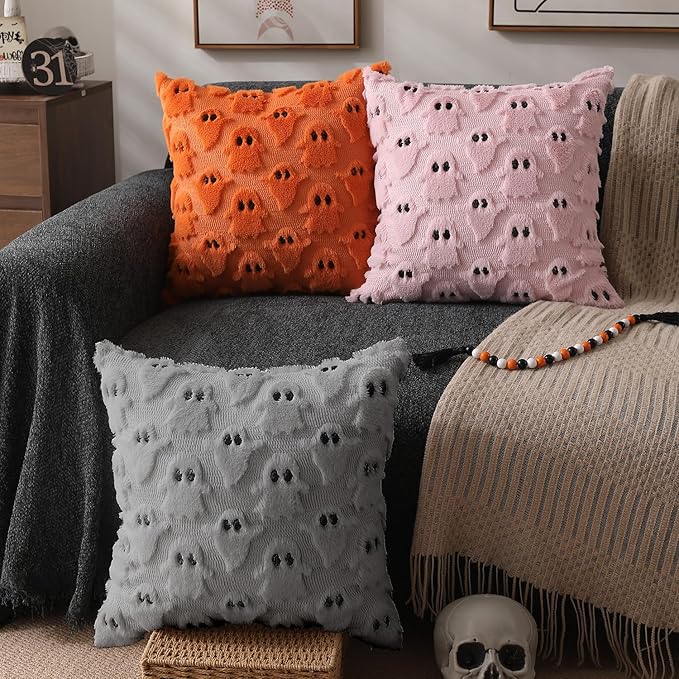 DFXSZ Halloween Pillow Covers 16x16 inch Set of 2 Silver Gray Ghost Throw Pillow Cases Soft Plush Faux Fur Wool Cushion Case for Chair Bedroom Living Room Home Decor PTK03X16