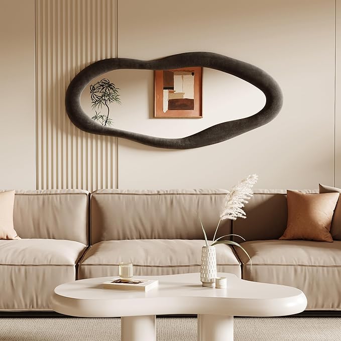 Honyee 55" x 24" Wall Mirror, Flannel Wrapped Wooden Frame Wavy Mirror, Irregular Mirror Hanging for Cloakroom/Bedroom/Living Room, Black