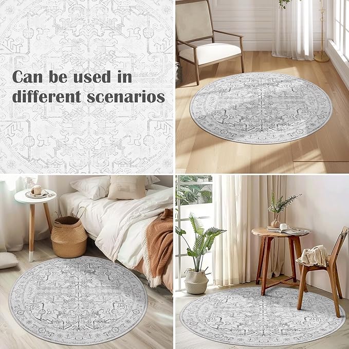 jinchan Vintage Floral Round Rug 7ft Washable Non-Slip, Grey