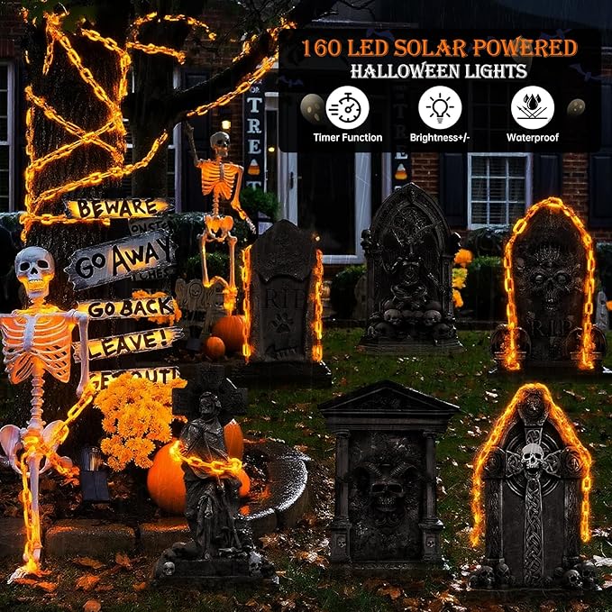 Solar Halloween Chain String Lights Decoration, Upgraded 10Ft 160LED Orange Plastic Lights with 8 Lighting Modes for Indoor Outoor Halloween Party Cosplay Haunted House Spooky Decor