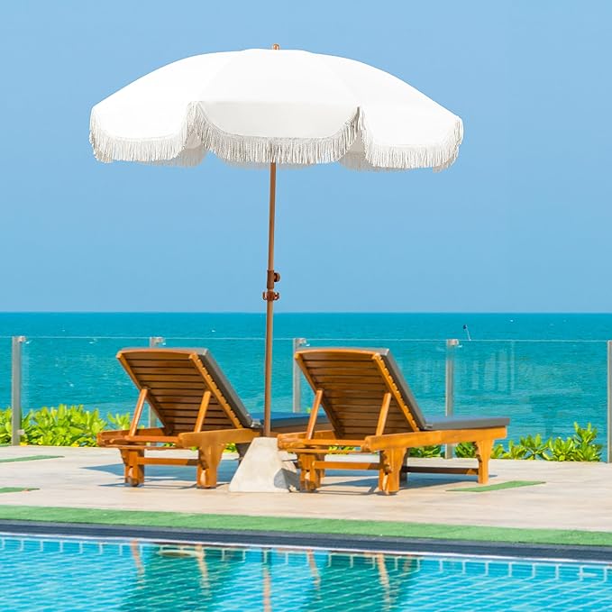 6.5ft Patio Umbrella with Fringe, Beach Umbrella, Fringe Umbrella Outdoor Patio with Hanging Hook, Tilting Aluminum Pole, UV 50+, Fiberglass Ribs, Elegant Cream