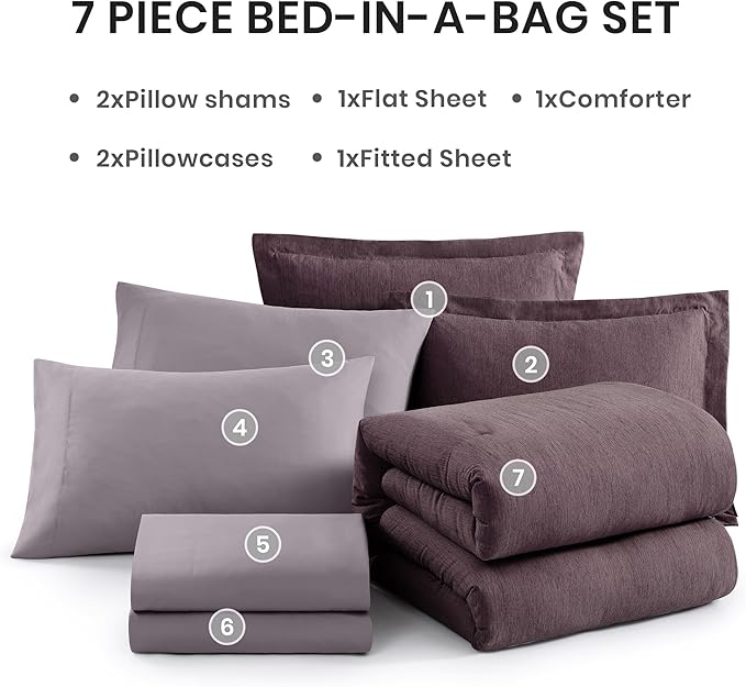 Monbix King Size Comforter Set, Italian Plum King Bedding Set Reversible, 7 Pieces, Cationic Dyeing Bed in a Bag King with Comforter, Sheets, Pillowcases & Shams