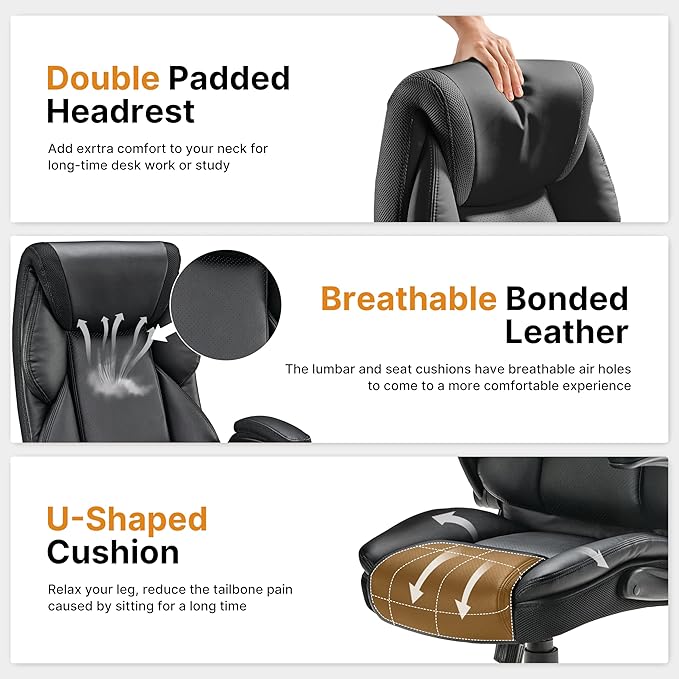 EUREKA ERGONOMIC PU Leather Desk Chair Office Executive Chair, Ergonomic Office Chair Flip Up Arms, High Back Office Chair with Headrest, Home Office Chair with Wheels, Computer Chairs for Adults