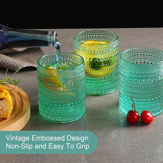 Vintage Glassware Drinking Glasses Set of 6,12 oz Hobnail Glass Cups,Embossed Lake Blue Water Tumbler,for Beer,Cocktail,Whiskey,Juice and Various Mixed Drinks- 1 Cleaning Brush