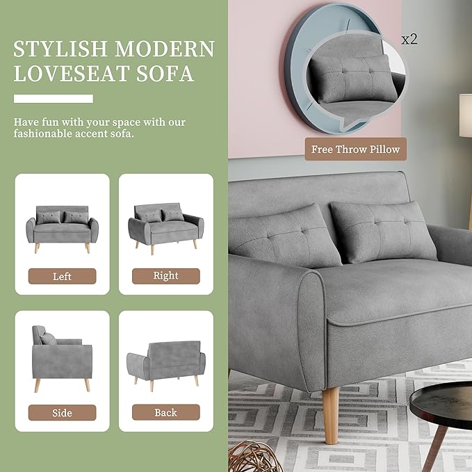 Vongrasig 47" Modern Loveseat Sofa Mid Century Linen 2 Seat Couch Tufted Tapered Legs, Light Gray