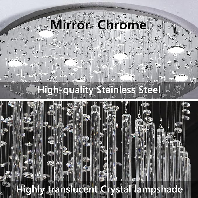 W47 x H120 Crystal LED Chandelier with Light Bulbs Luxury Raindrop High Ceiling Chandeliers for Entryway Villa Staircase Foyer Living Room Lighting Fixtures Silver