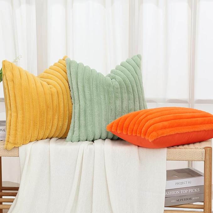 decorUhome Faux Fur Christmas Throw Pillow Covers 16x16 Set of 2, Decorative Soft Plush Striped Neutral Euro Pillow Covers with Velvet Back for Bed, Living Room Home Decor, Sage Green