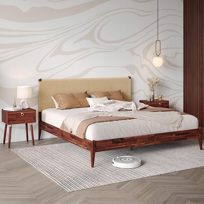 Bme Selina King Bed Frame and Headboard - Handcrafted Paper Cord Headboard, 12-Slat Support, No Box Spring Needed - Easy Assembly, Dark Chocolate