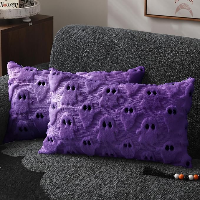 DFXSZ Halloween Pillow Covers 12x20 inch Set of 2 Purple Ghost Throw Pillow Cases Soft Plush Faux Fur Wool Cushion Case for Chair Bedroom Living Room Home Decor PTK03E12