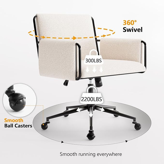 Rowill Modern Office Chair, Beige Boucle Fabric, Adjustable Height, 300 LBS Capacity, Wheels, Arm Rest, Perfect for Home Office, Bedroom, Makeup Room