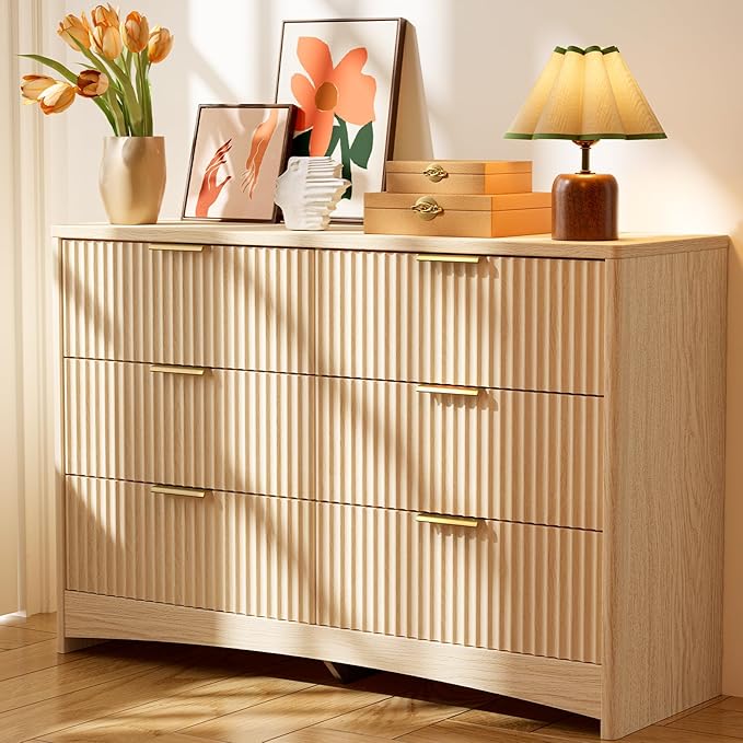 Pipishell Fluted 6 Drawers Dresser for Bedroom, 47" Wooden Drawers with Metal Handle, Dressers with Round Corner Design, Closet Storage Organizer for Bedroom, Hallway, Natural Oak