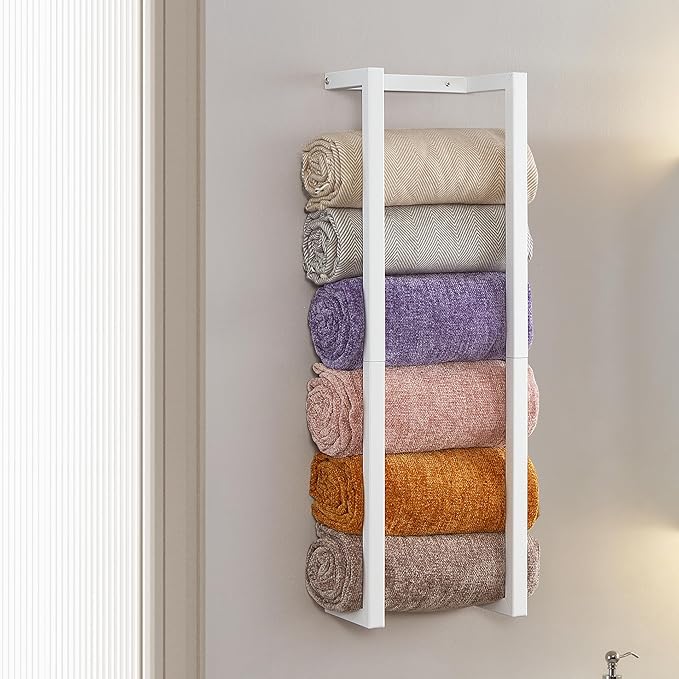 Towel Rack for Rolled Towels, Towel Rack for Bathroom,Wall Mounted Metal Bathroom Organizer, Bath Towel Holder Wall for Modern Small Space Bathroom Towel Storage (White)
