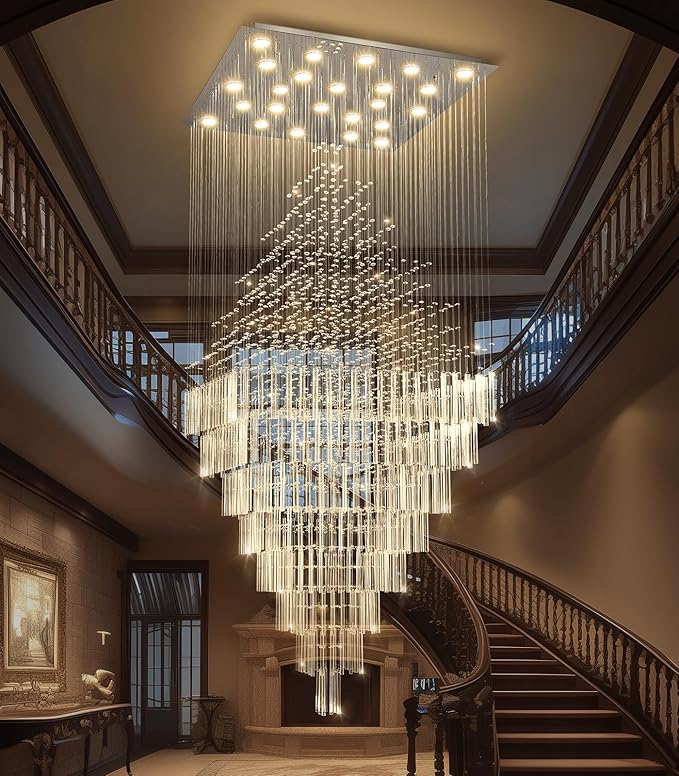 W47 x H120 Luxury Crystal Chandelier with LED Bulbs Glam Raindrop High Ceiling Square Light Chandeliers for Entrance Large Villa Foyer Living Room Lighting Fixtures Silver