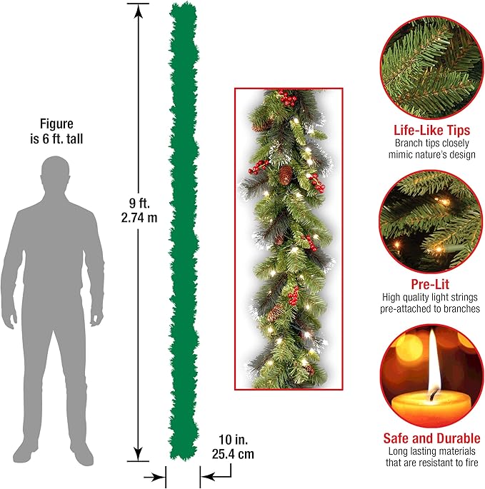 National Tree Company 9 ft Pre-Lit Crestwood Spruce Artificial Christmas Garland, Christmas Decoration with Glitter, Pinecones, Red Berries, 50 Clear Lights, 180 Tips, Green
