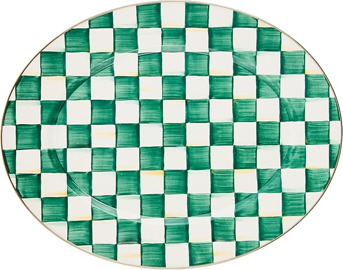 MACKENZIE-CHILDS Enamel Oval Platter, Serving Plate for Entertaining, Large, Green-and-White Emerald Check
