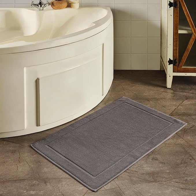 Hawmam Linen Bath Mats 21 x 34 inches, Pack of 2-100% Ring Spun Cotton Banded Design Floor Towel, Cool Grey