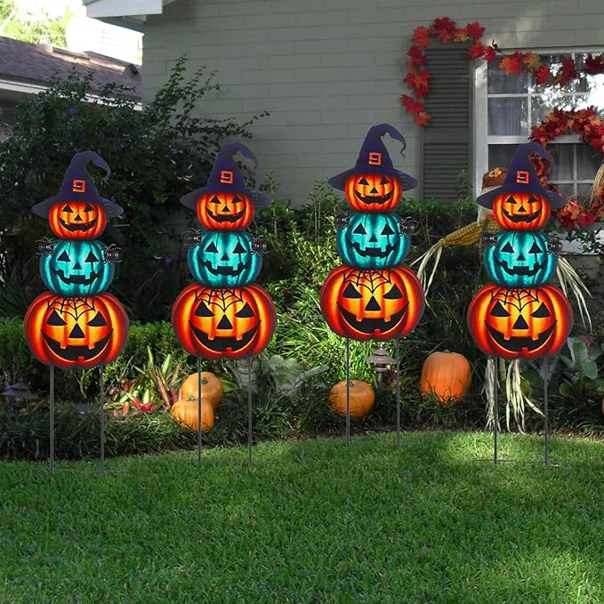 Halloween Yard Stakes Large 39.3" with Stackable Pumpkins and Scary Spiders, Metal Halloween Yard Decorations for Garden, Lawn, Patio, Outdoor Decor with Witch Hat