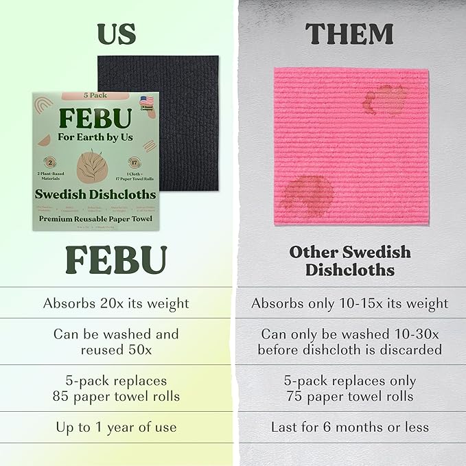 FEBU Swedish Dishcloths for Kitchen 5 Pack Black Reusable Washable Absorbent Dish Towels