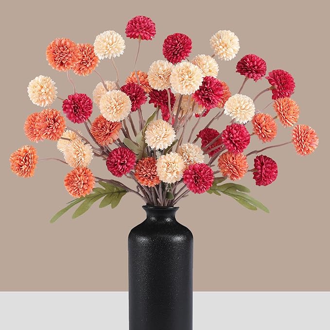 Fall Faux Kiku Flowers 10 Stems & 2 Eucalyptus,Fake Mums Flower Plants Artificial Chrysanthemums Mini Ball Floral for Table Centerpieces,Silk Fall Faux Mums Flower for Vase Wedding Arrangements Decor