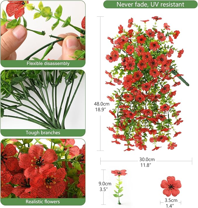 INQCMY 2Pcs Artificial Flowers for Outdoors UV Resistant Artificial Plants Easy Assembly for Spring Decor Look Real Faux Hanging Flowers for Outside Home Planter Porch Patio Decor